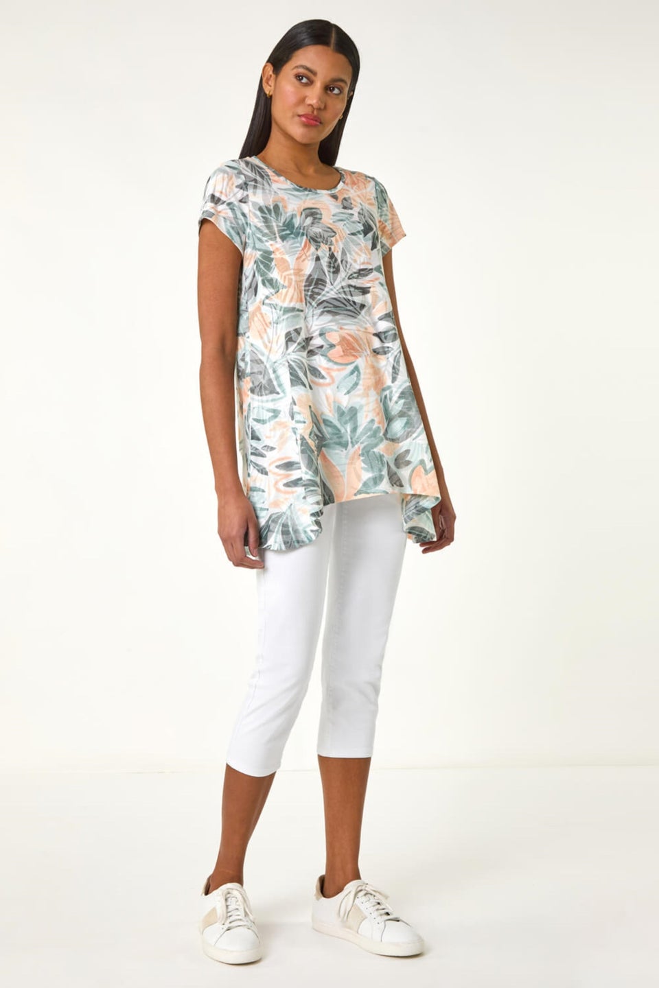 Roman Green Leaf Print Hanky Hem Tunic Top