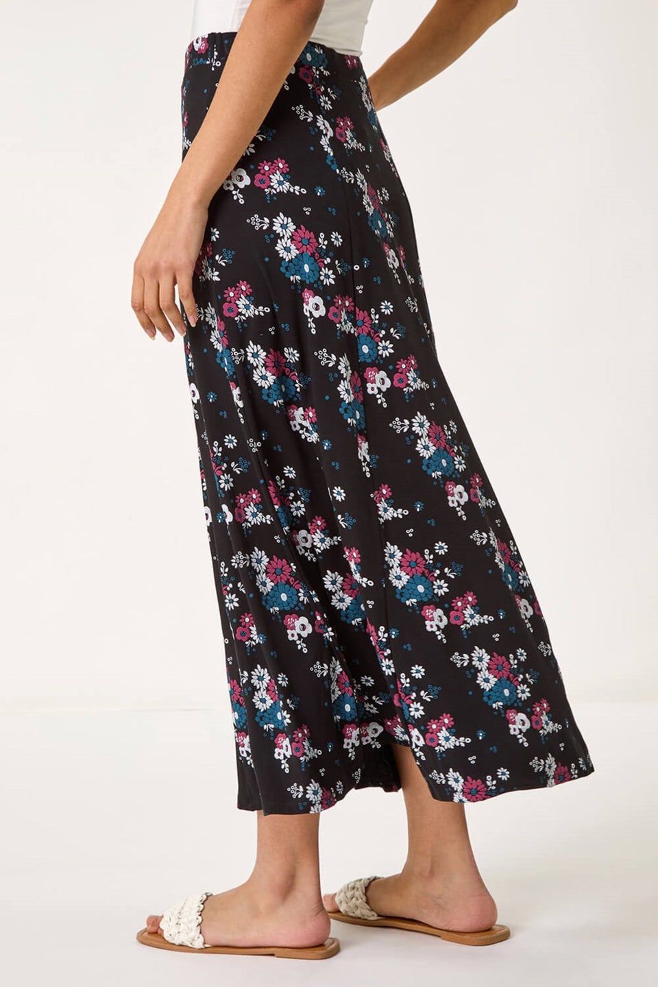 Roman Black Diagonal Ditsy Floral Print Skirt