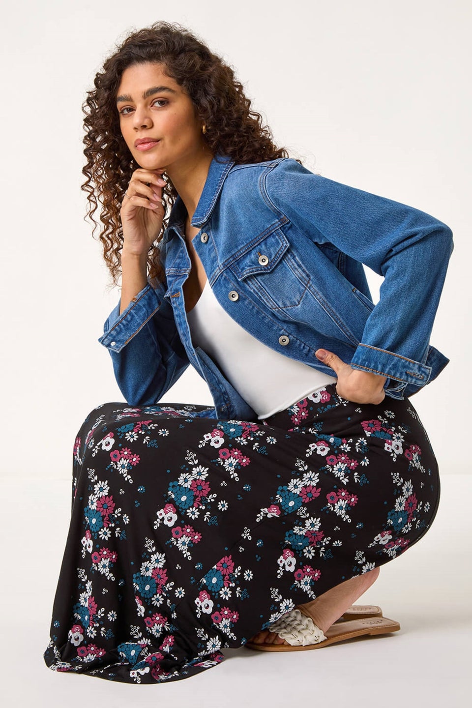 Roman Black Diagonal Ditsy Floral Print Skirt