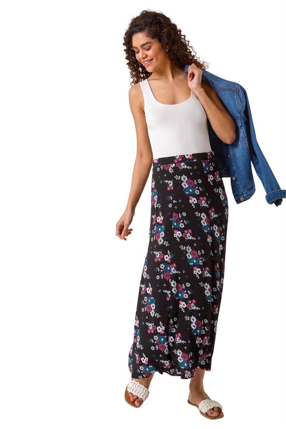 Roman Black Diagonal Ditsy Floral Print Skirt