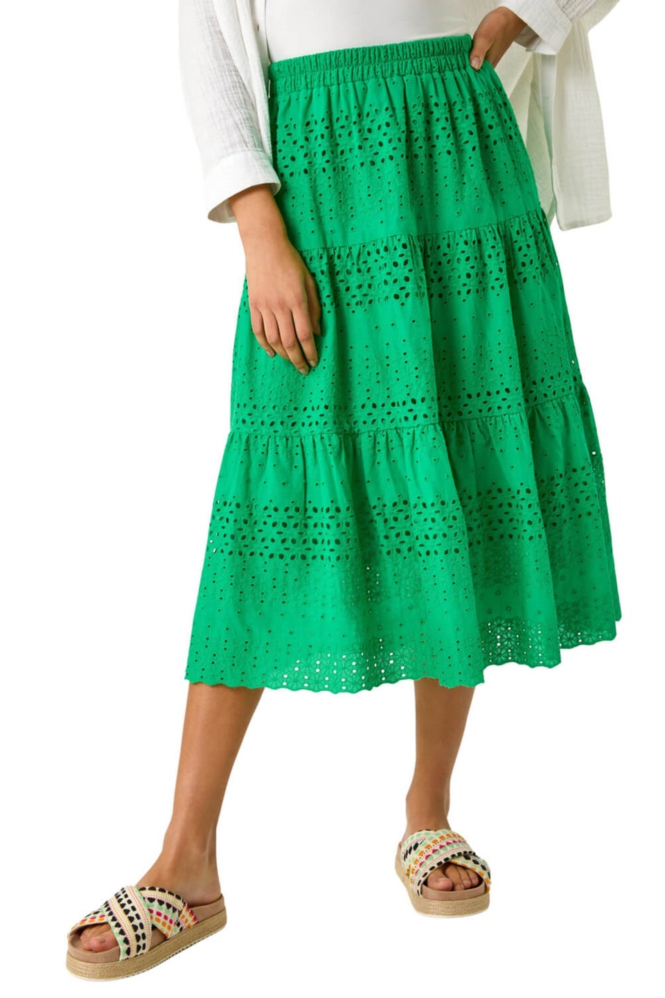 Roman Green Broderie Cotton A Line Midi Skirt