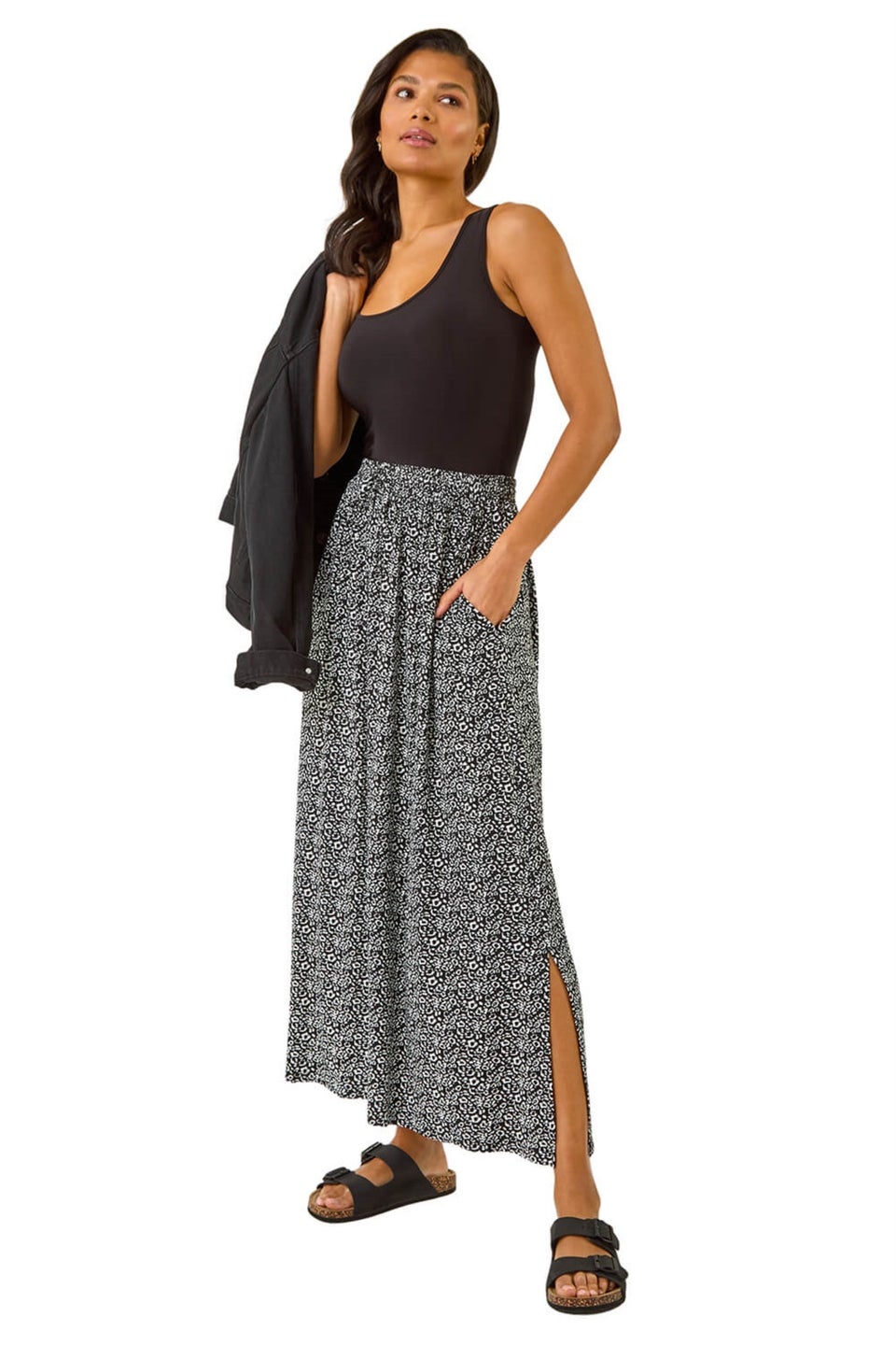 Roman Black Animal Print Split Stretch Skirt