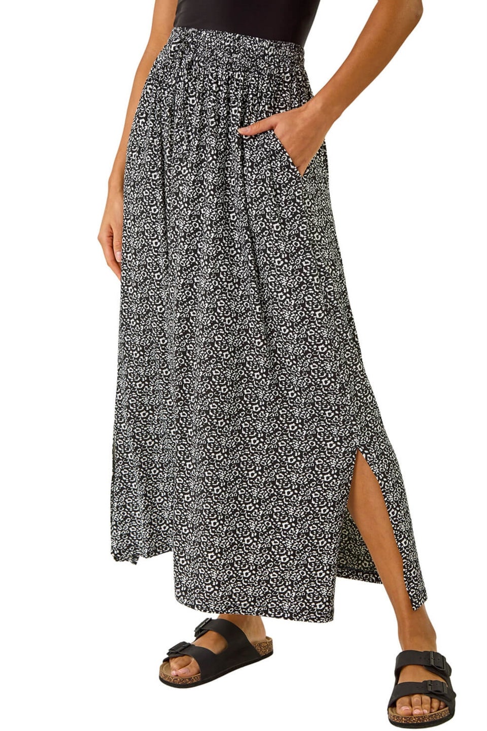 Roman Black Animal Print Split Stretch Skirt