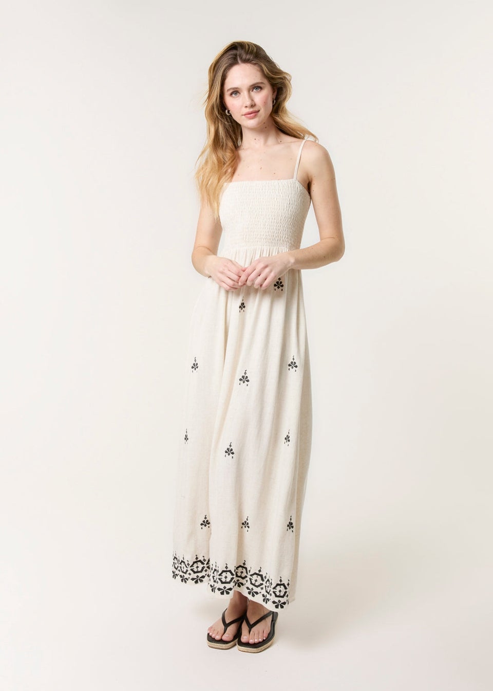Blue Vanilla Cream Shirred Bandeau Linen Maxi Dress