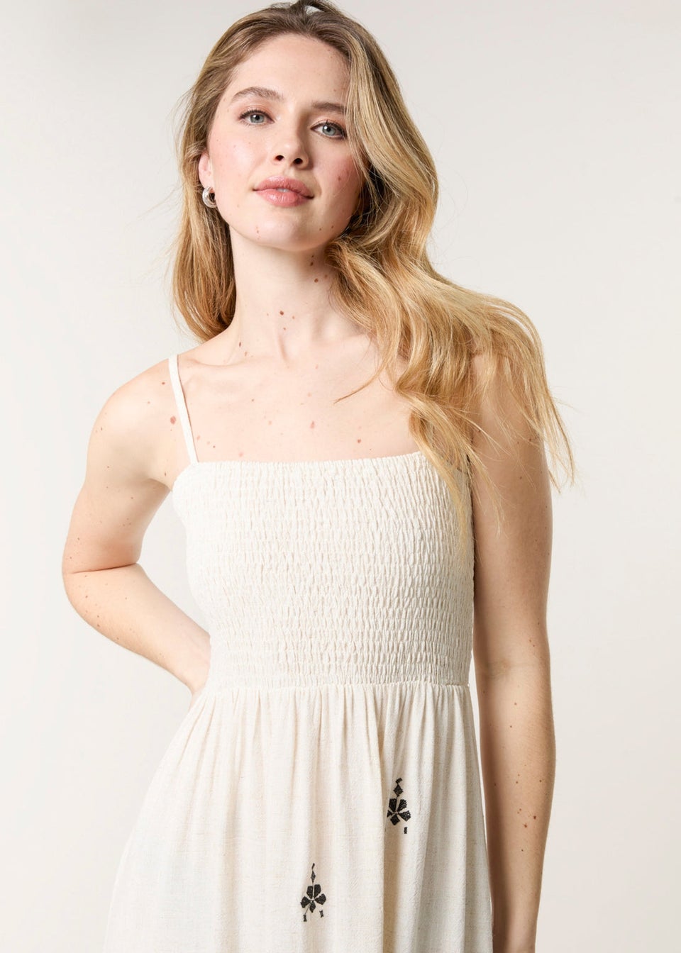 Blue Vanilla Cream Shirred Bandeau Linen Maxi Dress