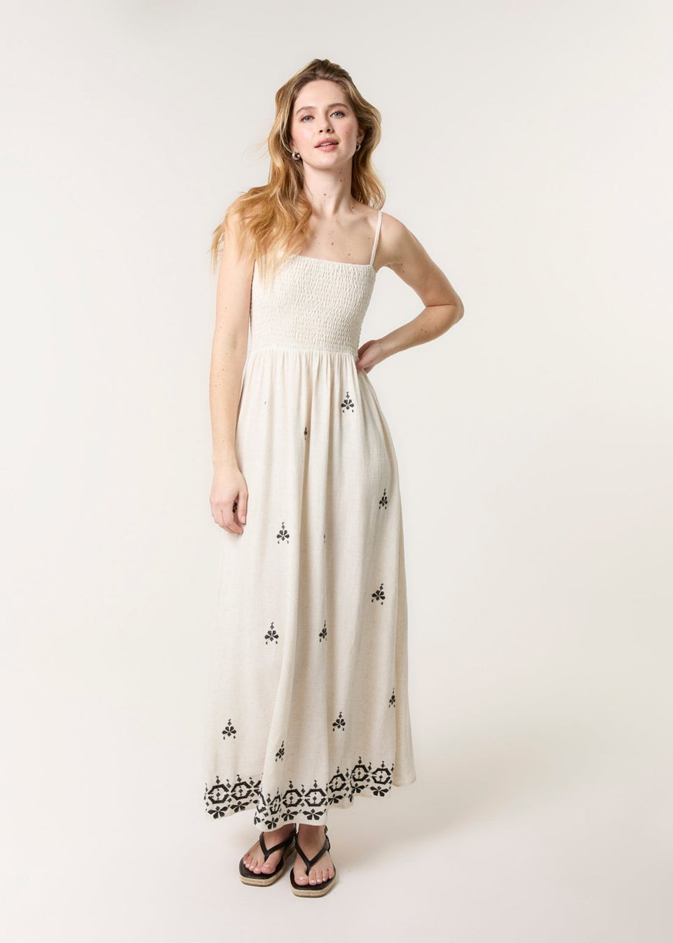 Blue Vanilla Cream Shirred Bandeau Linen Maxi Dress