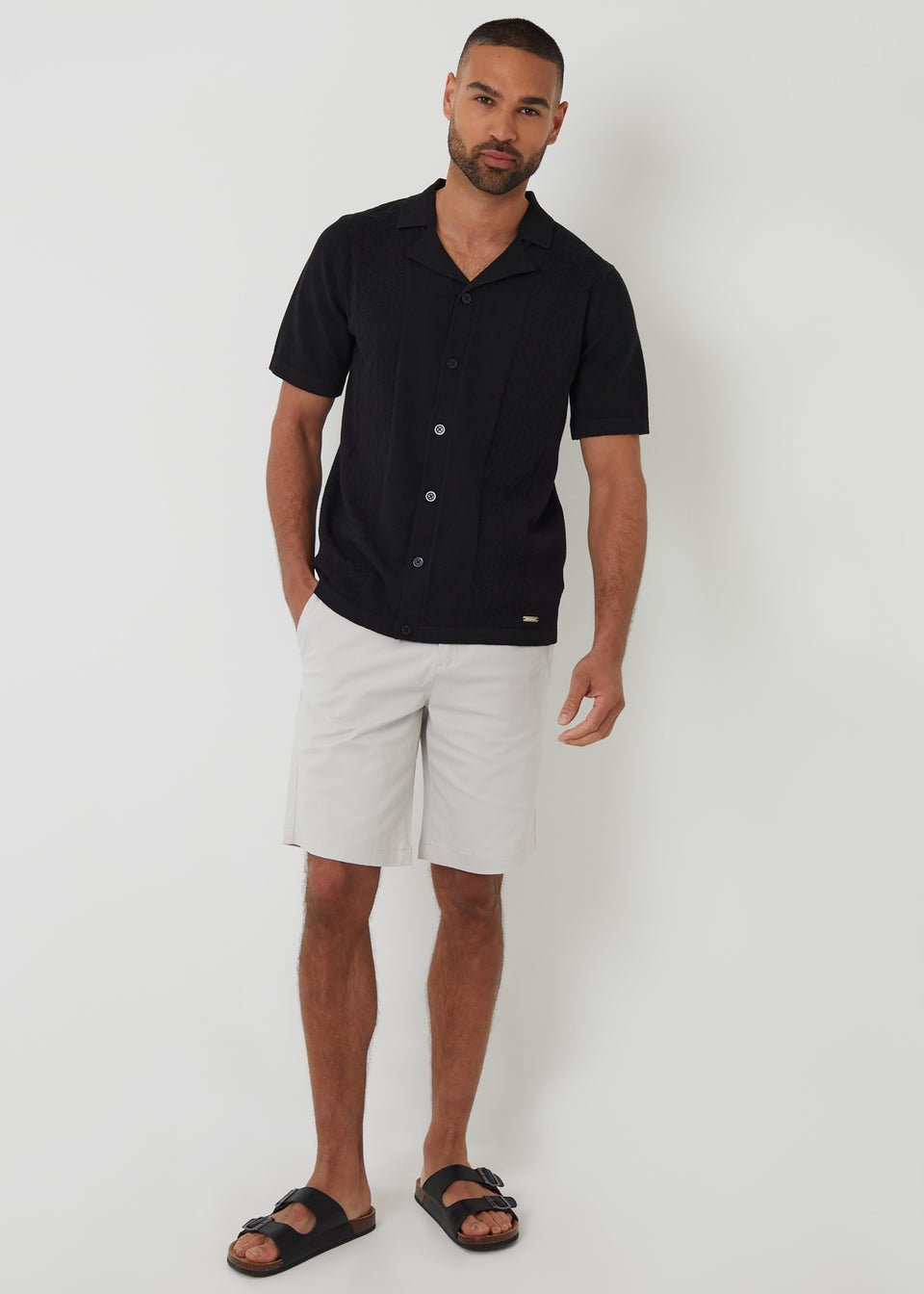 Threadbare Black Textured Panel Revere Collar Knitted Shirt