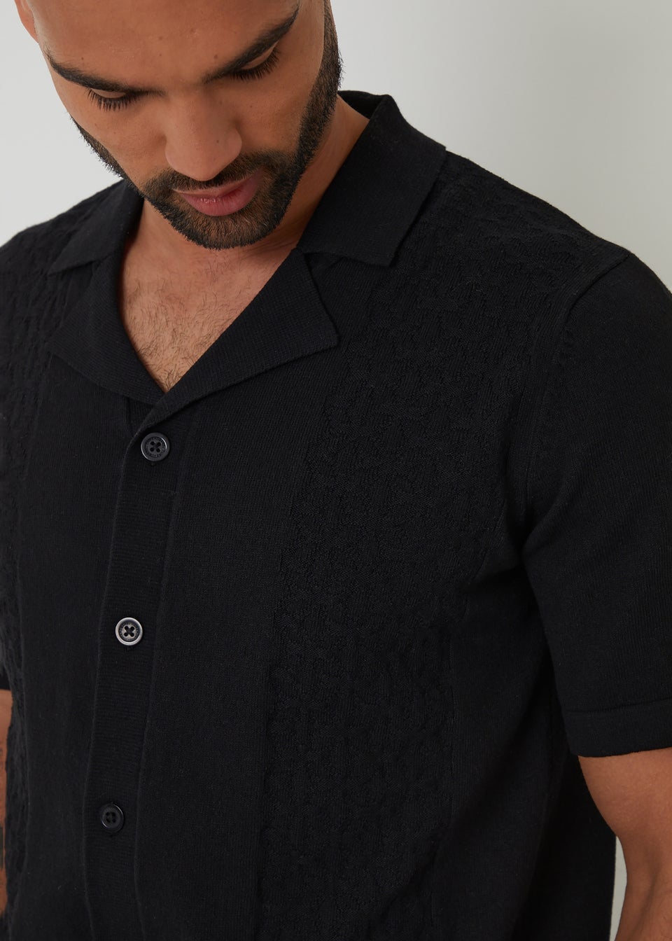 Threadbare Black Textured Panel Revere Collar Knitted Shirt