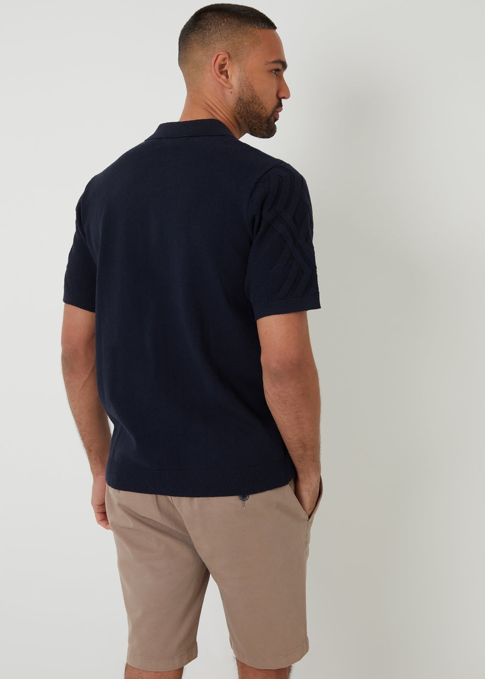 Threadbare Navy Textured Button Through Knitted Polo Shirt