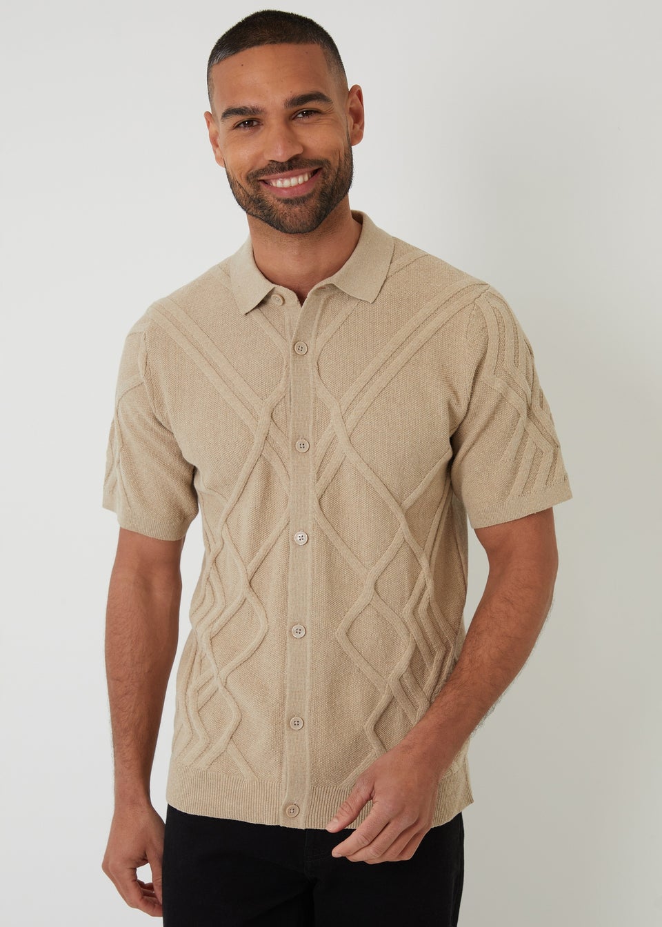 Threadbare Beige Textured Button Through Knitted Polo Shirt