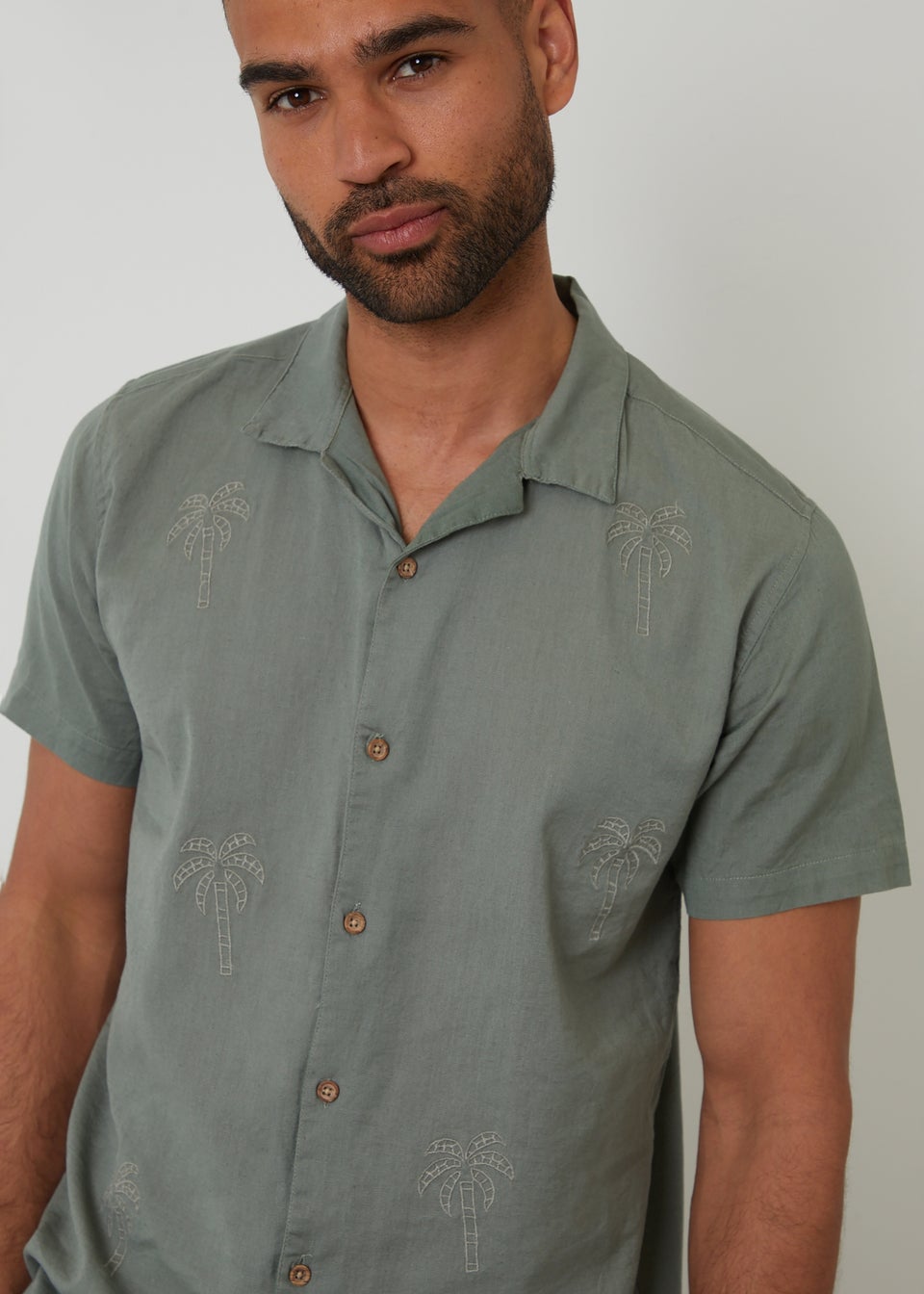 Threadbare Soft Green Linen Blend Palm Embroidered Short Sleeve Shirt