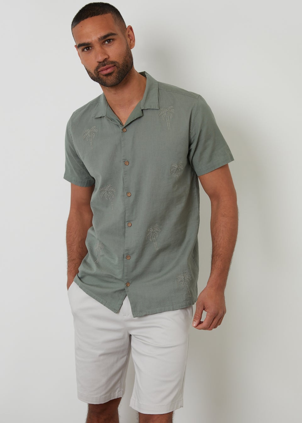 Threadbare Soft Green Linen Blend Palm Embroidered Short Sleeve Shirt