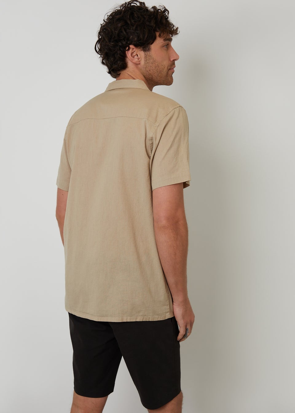 Threadbare Stone Linen Blend Palm Embroidered Short Sleeve Shirt