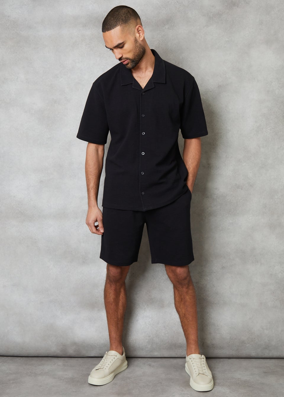 Threadbare Black Embley Textured Revere Collar Short Sleeve Shirt