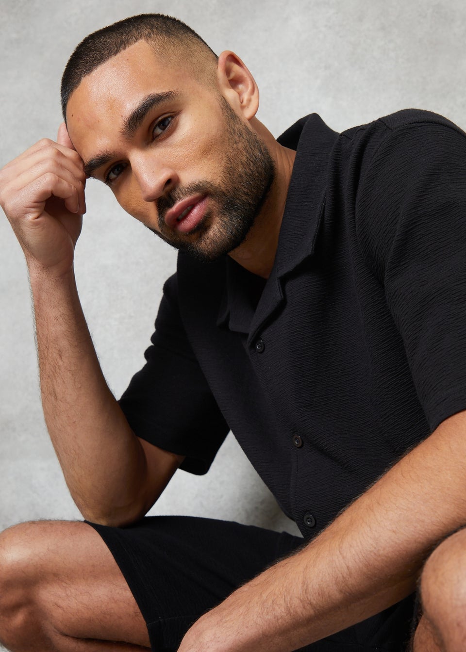 Threadbare Black Embley Textured Revere Collar Short Sleeve Shirt