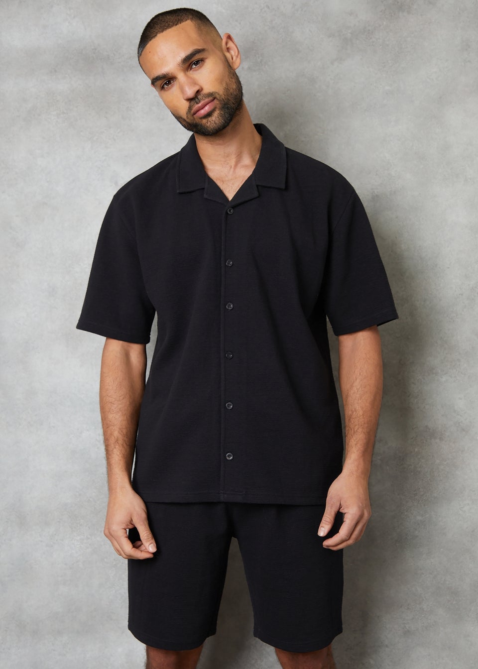Threadbare Black Embley Textured Revere Collar Short Sleeve Shirt