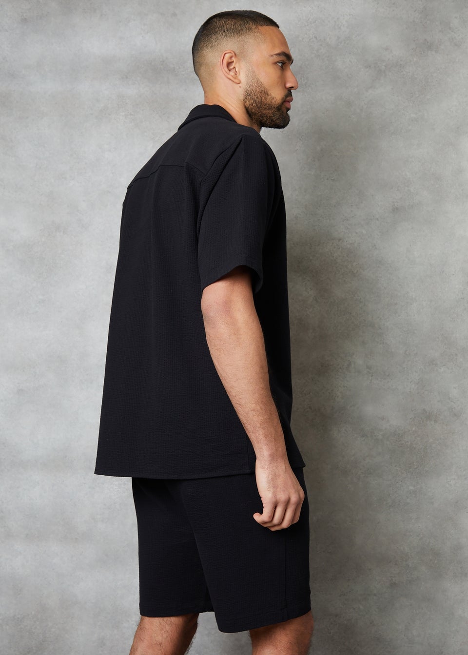 Threadbare Black Embley Textured Revere Collar Short Sleeve Shirt