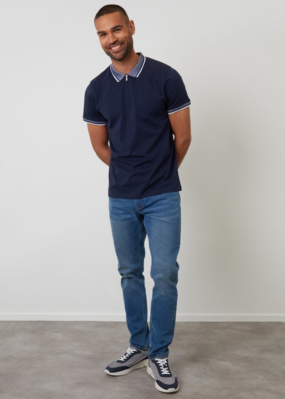 Threadbare Navy Birdseye Collar Quarter Zip Polo Shirt