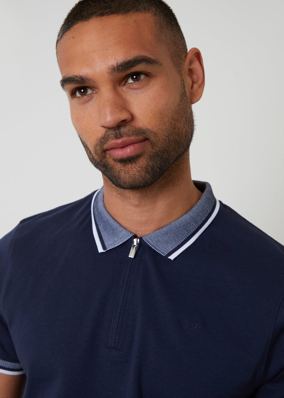 Threadbare Navy Birdseye Collar Quarter Zip Polo Shirt
