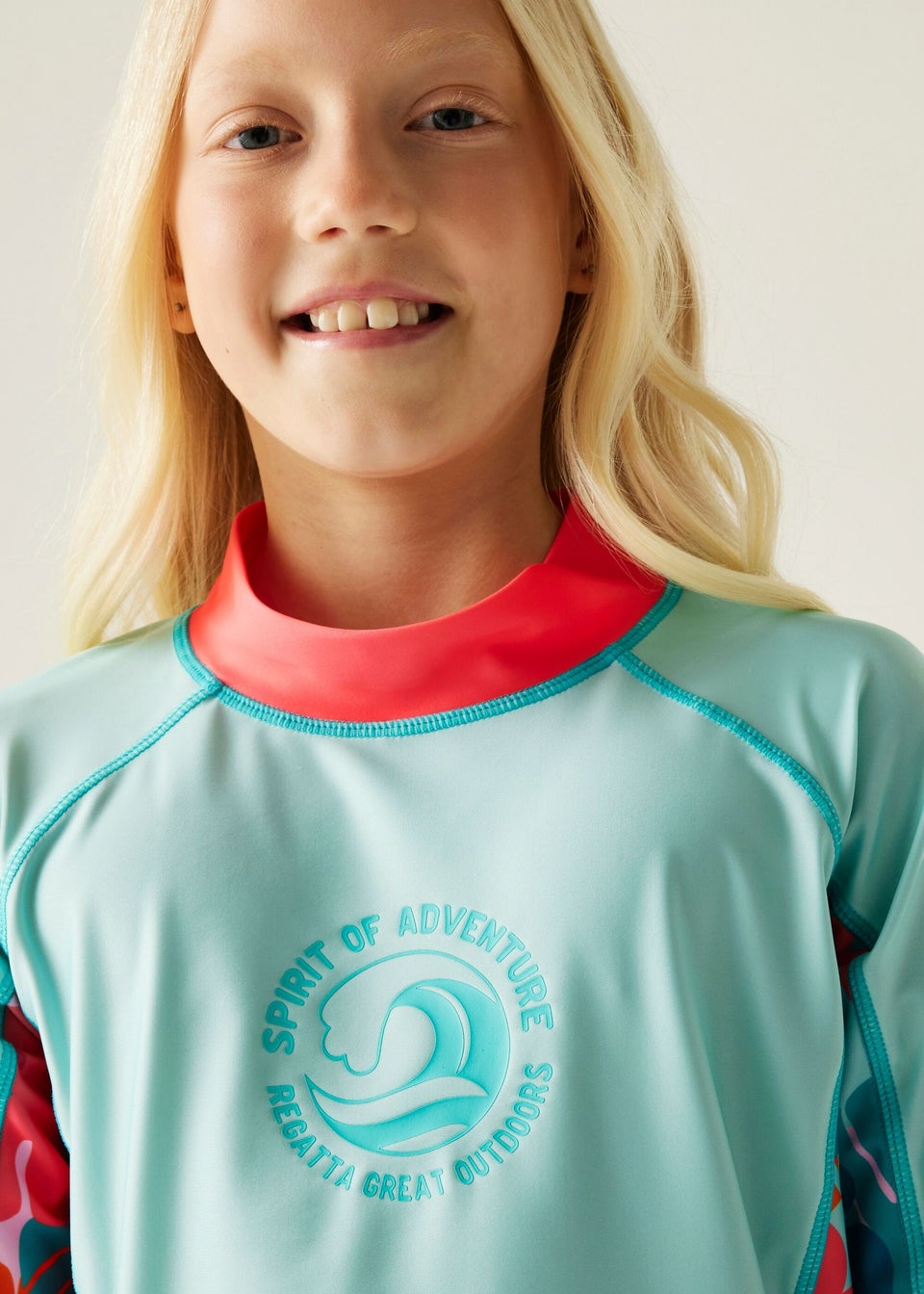 Regatta Blue Peach Tropical Leaf Kids Hoku II Swim Top (3-16 Years)