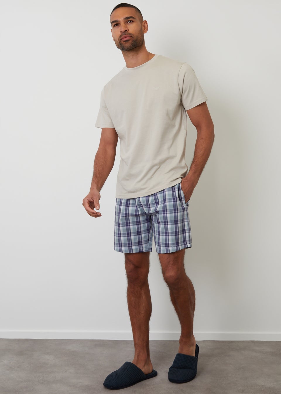Threadbare Stone Short Sleeve Check Pyjama Set
