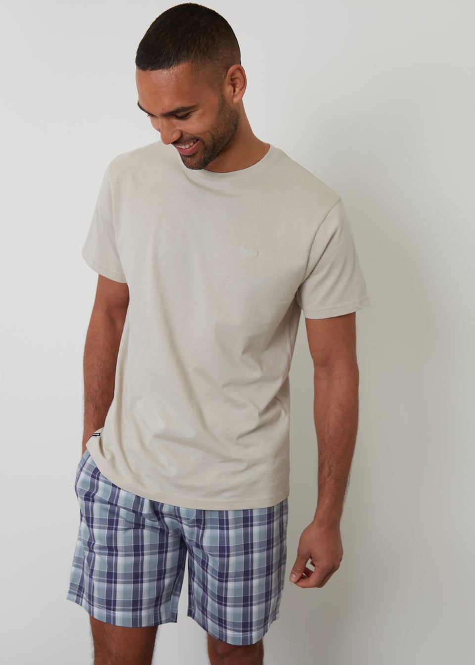 Threadbare Stone Short Sleeve Check Pyjama Set