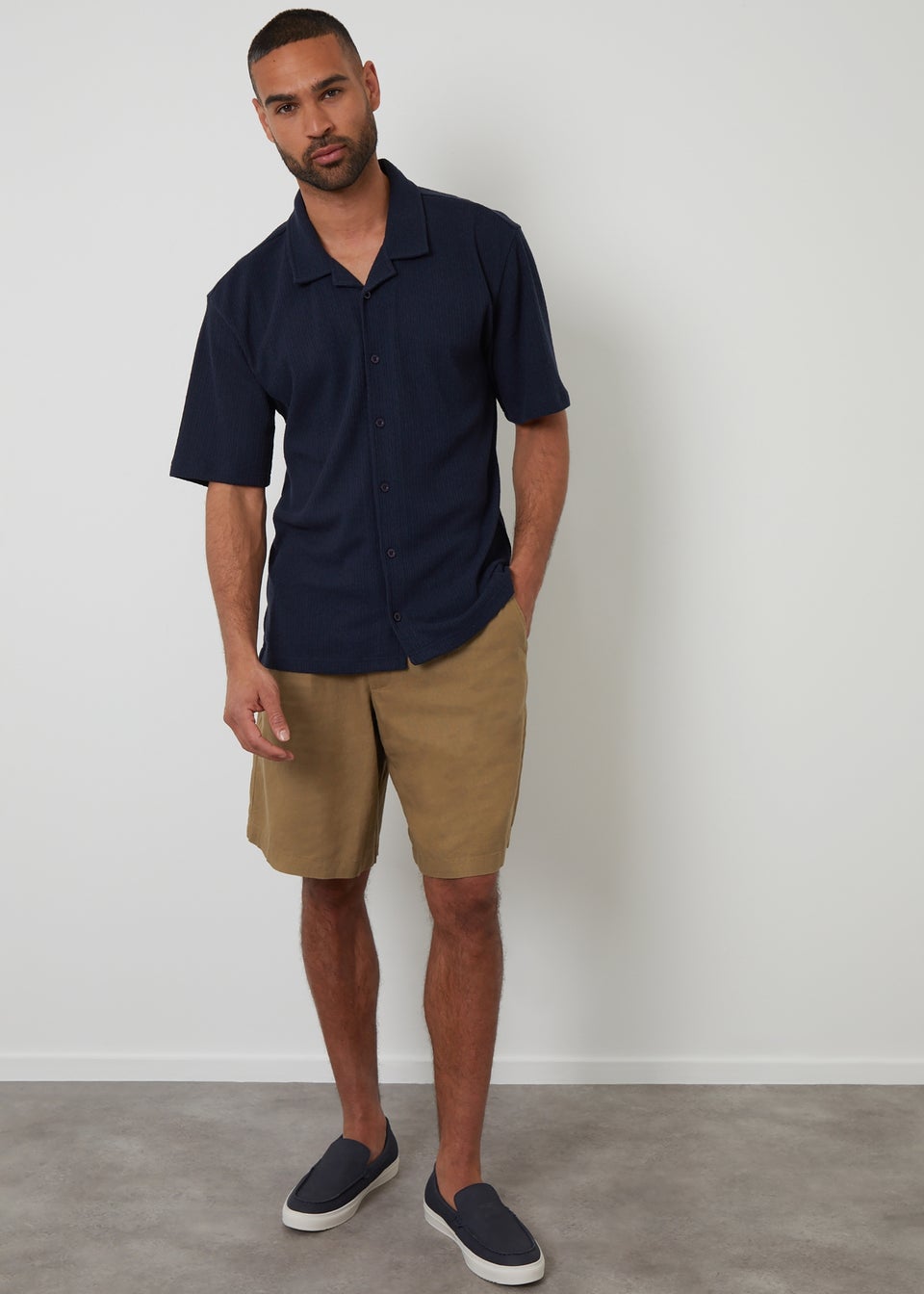 Threadbare Navy Textured Relaxed Fit Short Sleeve Shirt