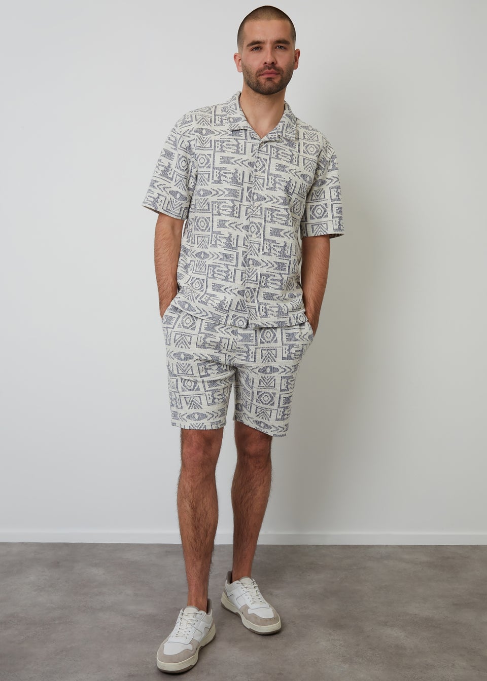 Threadbare Navy Printed Textured Relaxed Fit Short Sleeve Shirt
