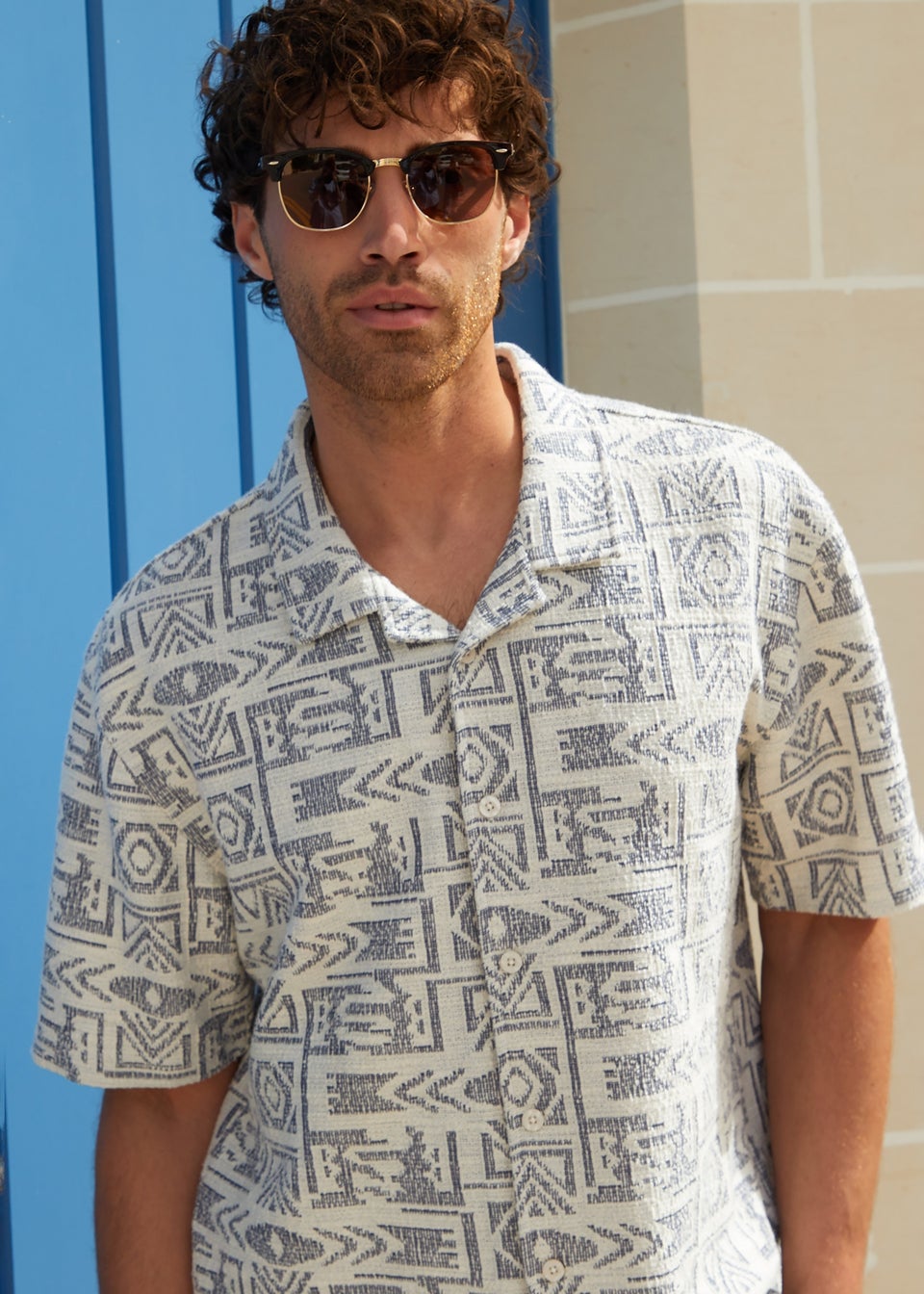 Threadbare Navy Printed Textured Relaxed Fit Short Sleeve Shirt
