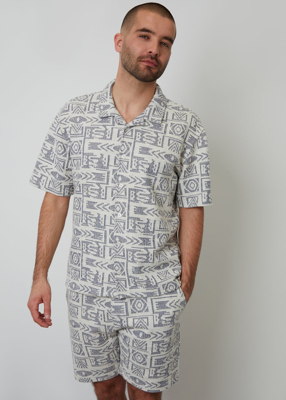 Threadbare Navy Printed Textured Relaxed Fit Short Sleeve Shirt