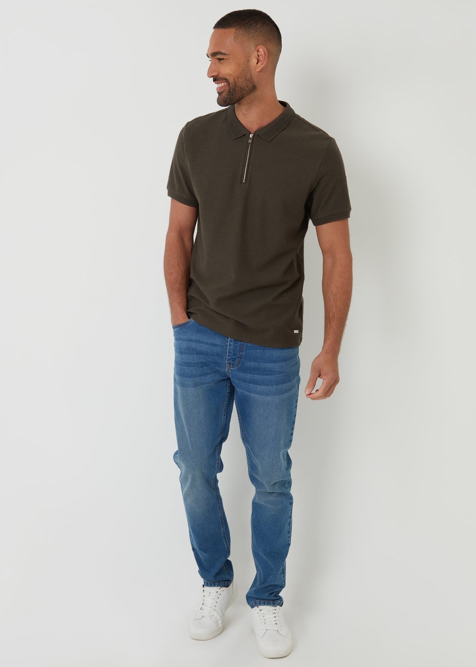 Threadbare Khaki Textured Cotton Quarter Zip Polo Shirt