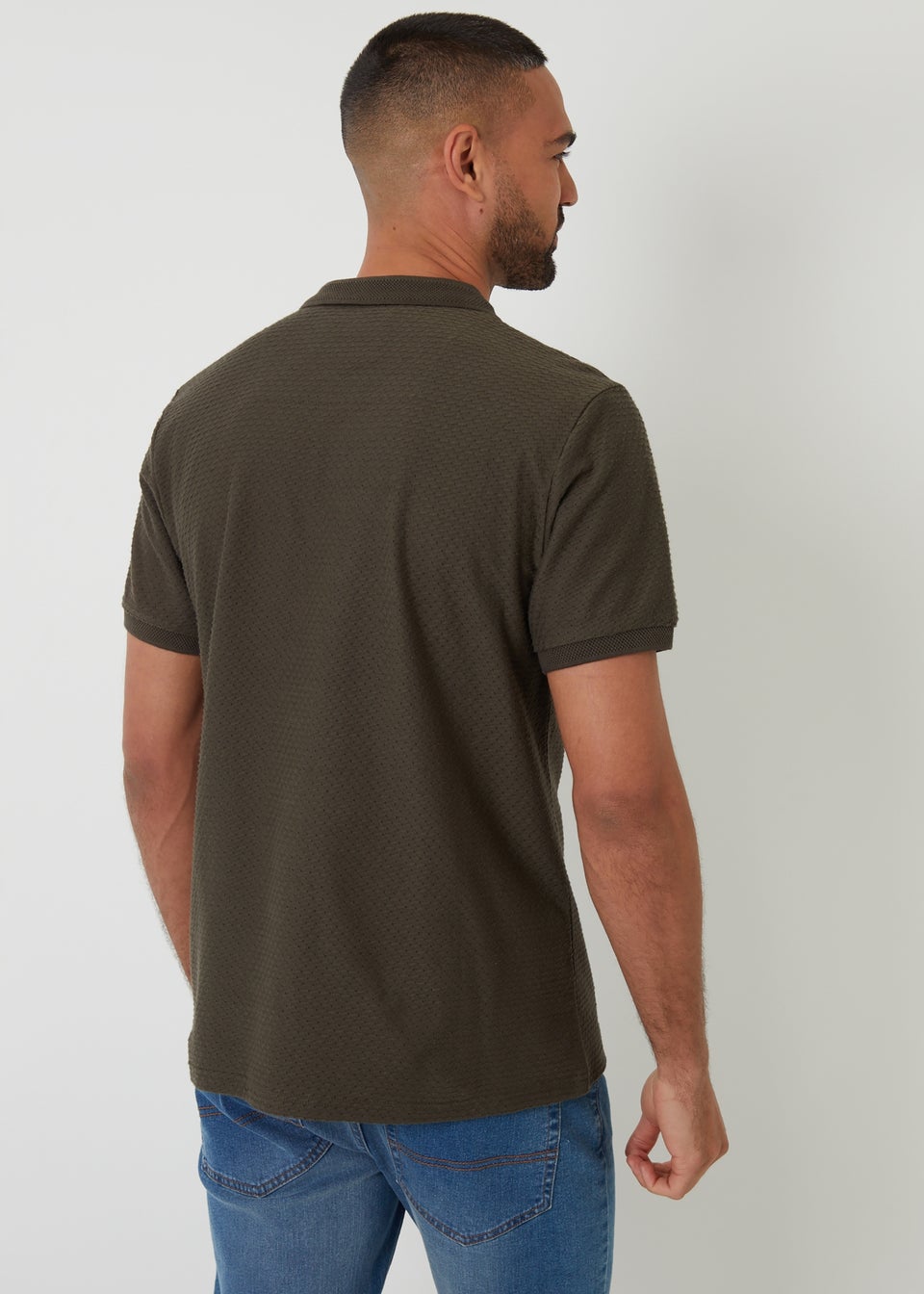 Threadbare Khaki Textured Cotton Quarter Zip Polo Shirt