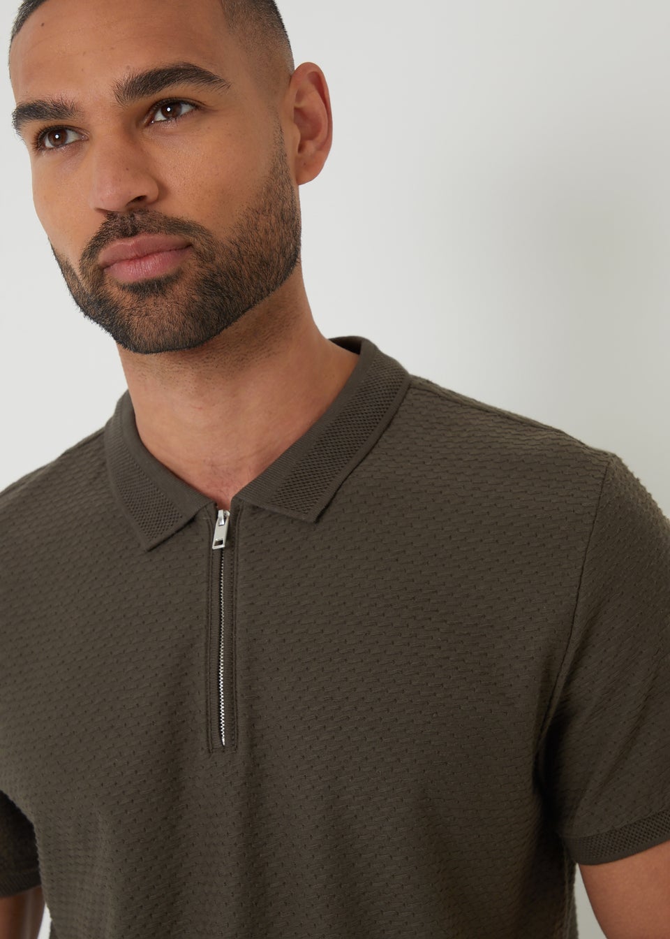 Threadbare Khaki Textured Cotton Quarter Zip Polo Shirt