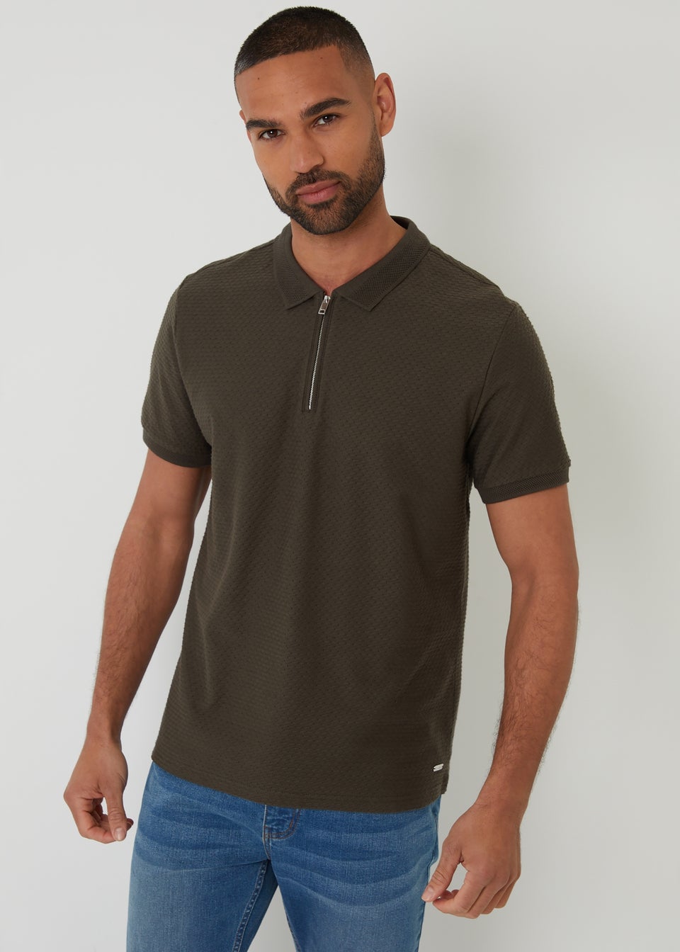 Threadbare Khaki Textured Cotton Quarter Zip Polo Shirt
