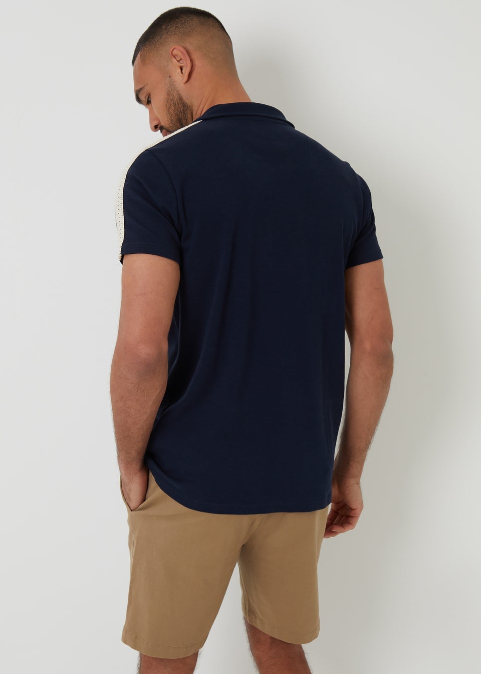 Threadbare Navy Crochet Detail Revere Collar Polo Shirt