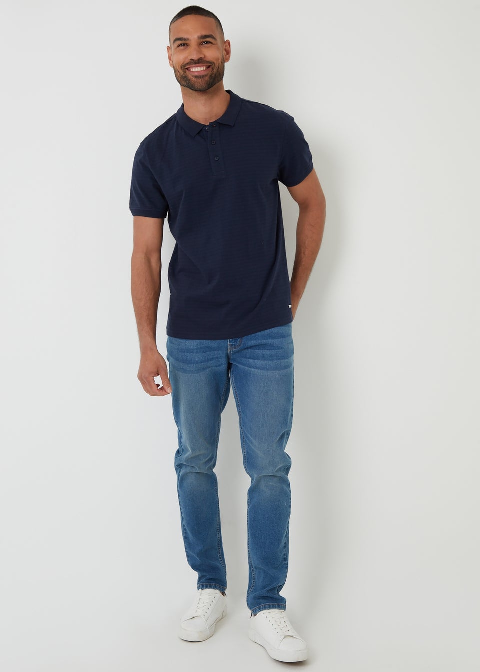 Threadbare Navy Textured Cotton Jersey Polo Shirt