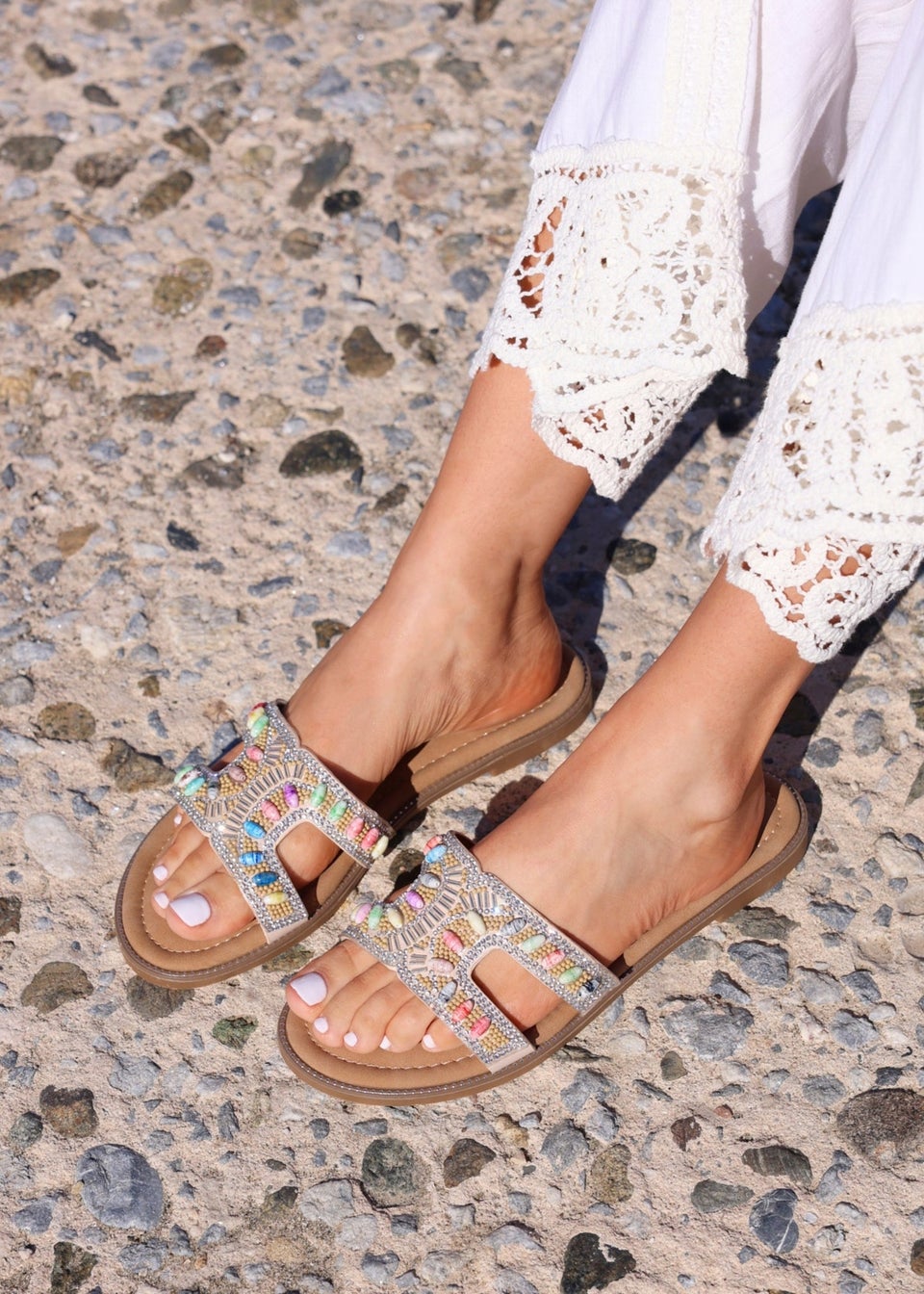 Linzi Nerissa Multi Beaded Diamante Flat Slider Sandal