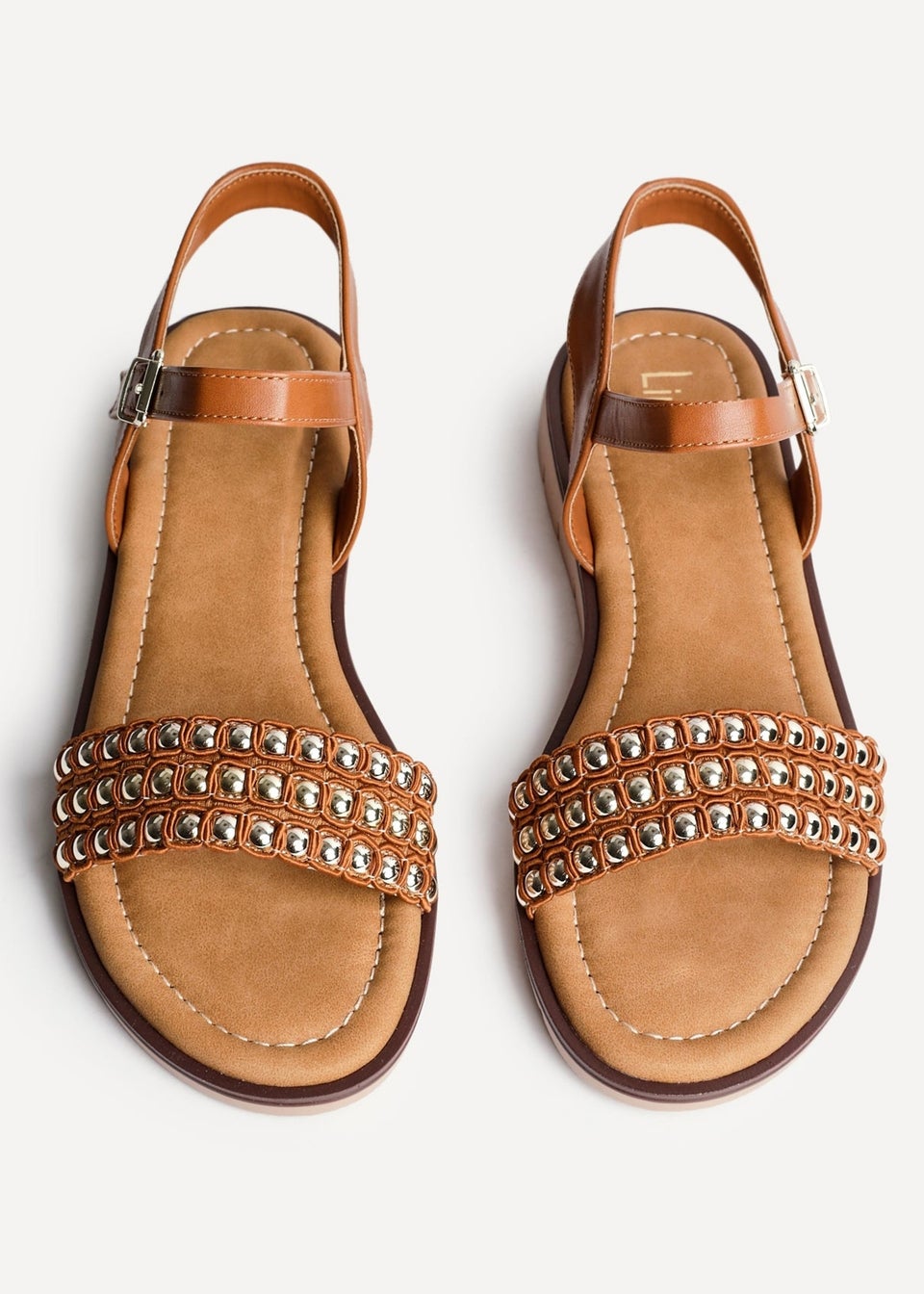 Linzi Electra Tan Faux Leather Studded Flat Sandals
