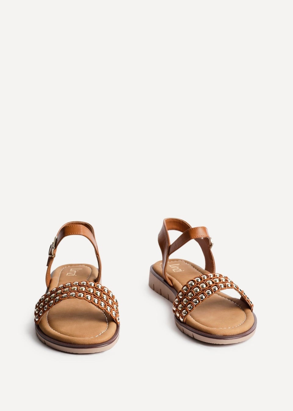 Linzi Electra Tan Faux Leather Studded Flat Sandals