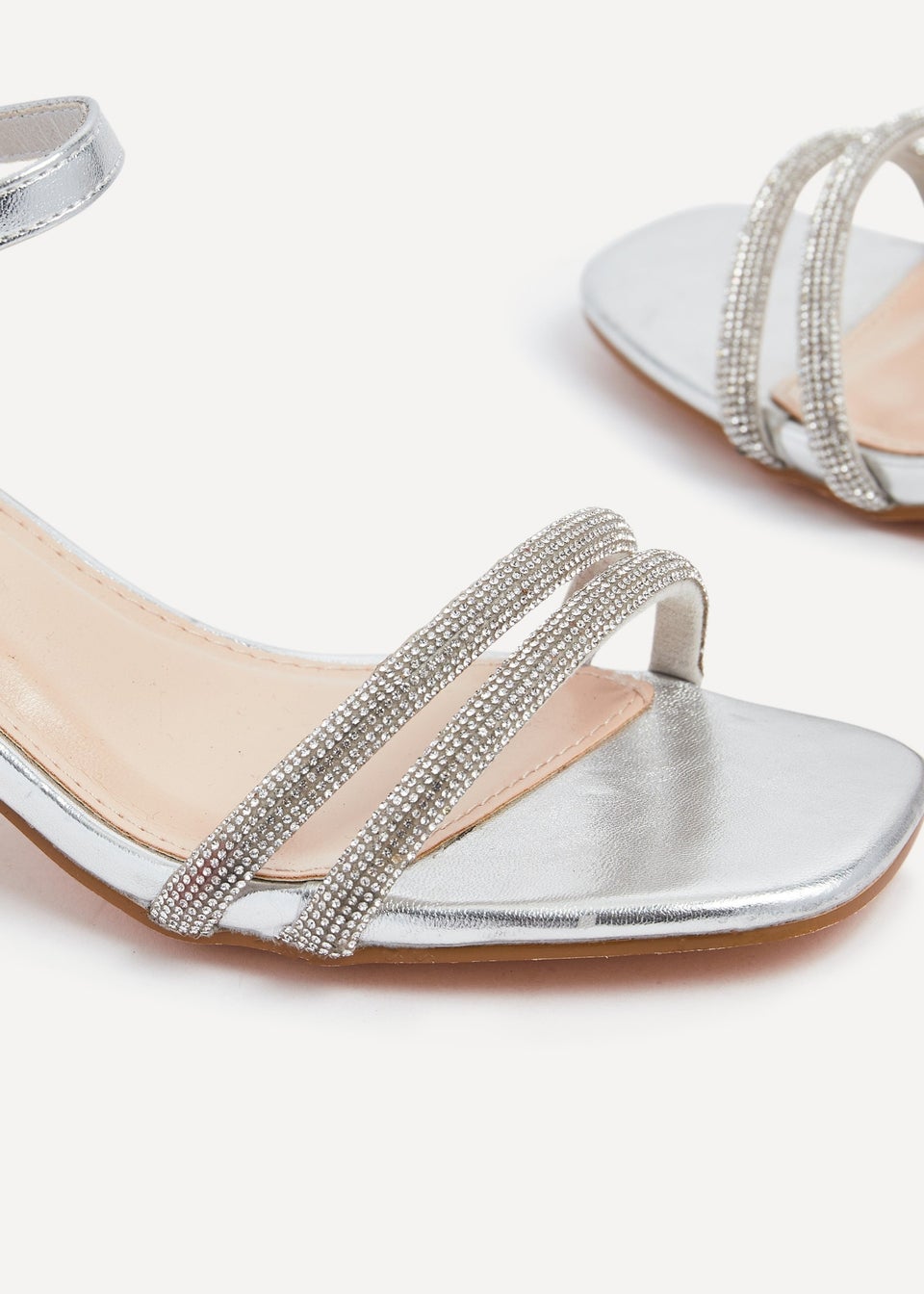 Linzi Bunty Silver Faux Leather Diamante Block Heeled Sandal
