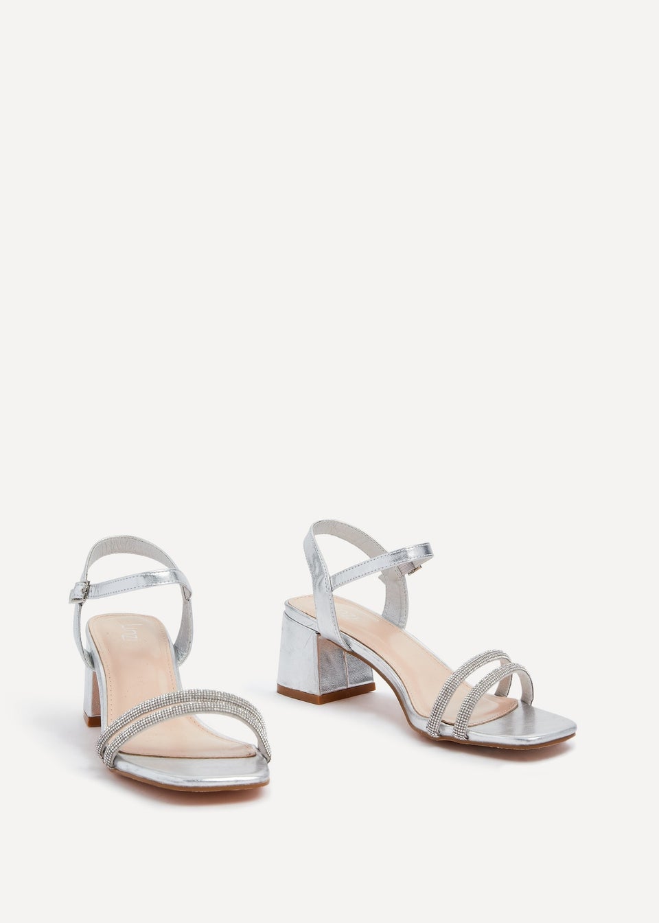 Linzi Bunty Silver Faux Leather Diamante Block Heeled Sandal