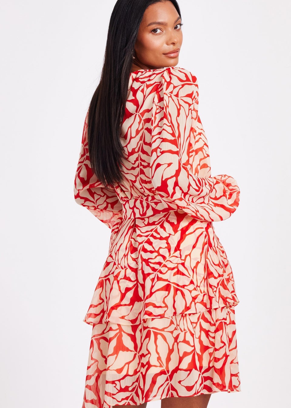 Quiz Red Chiffon Floral Skater Dress
