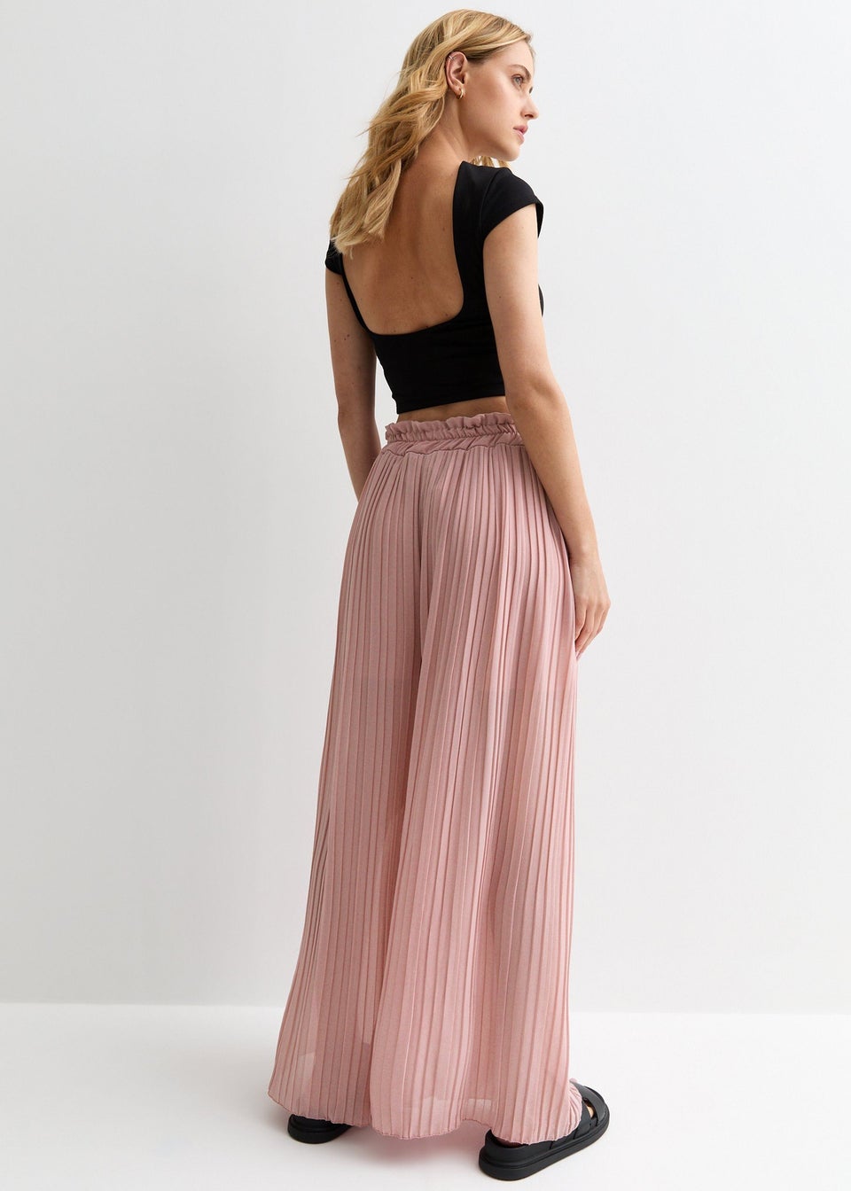 Gini London Pink Elasticated Waist Plisse Wide Led Trouser