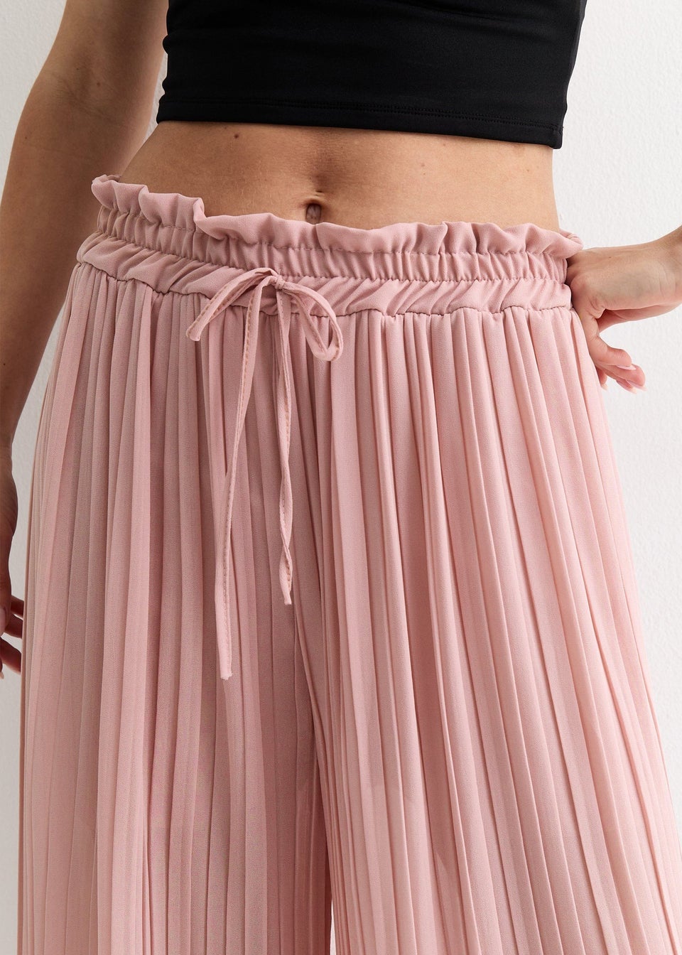 Gini London Pink Elasticated Waist Plisse Wide Led Trouser