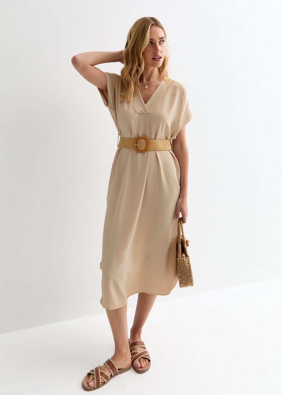 Gini London Beige V Neck Raffia Belt Tunic Dress