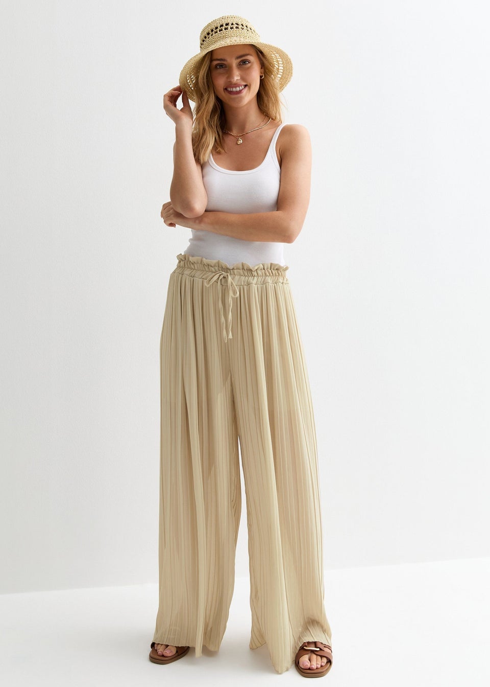 Gini London Beige Elasticated Waist Plisse Wide Led Trouser