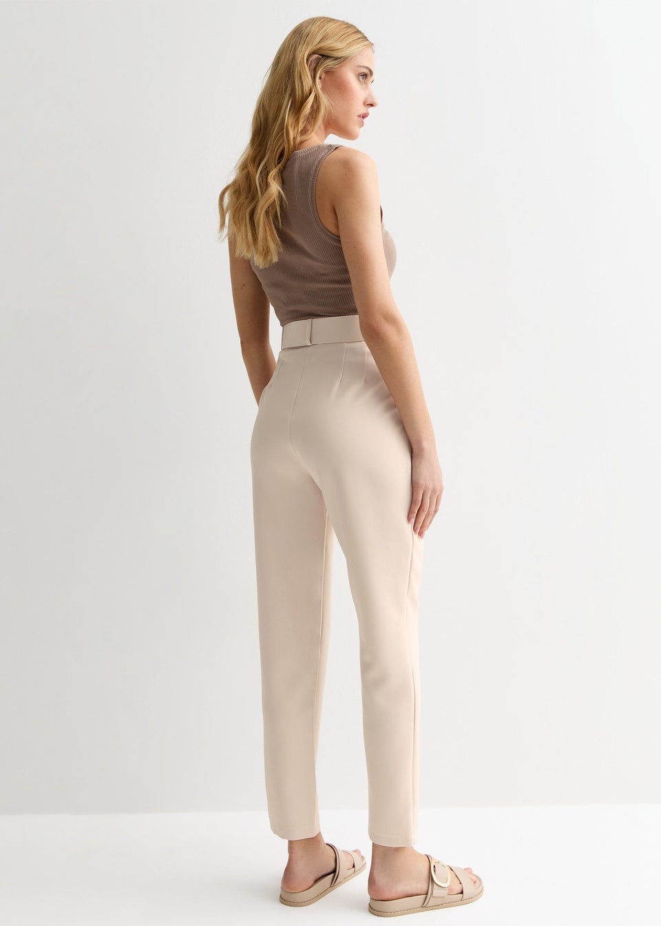 Gini London Cream Belt Detail Tapered Trousers