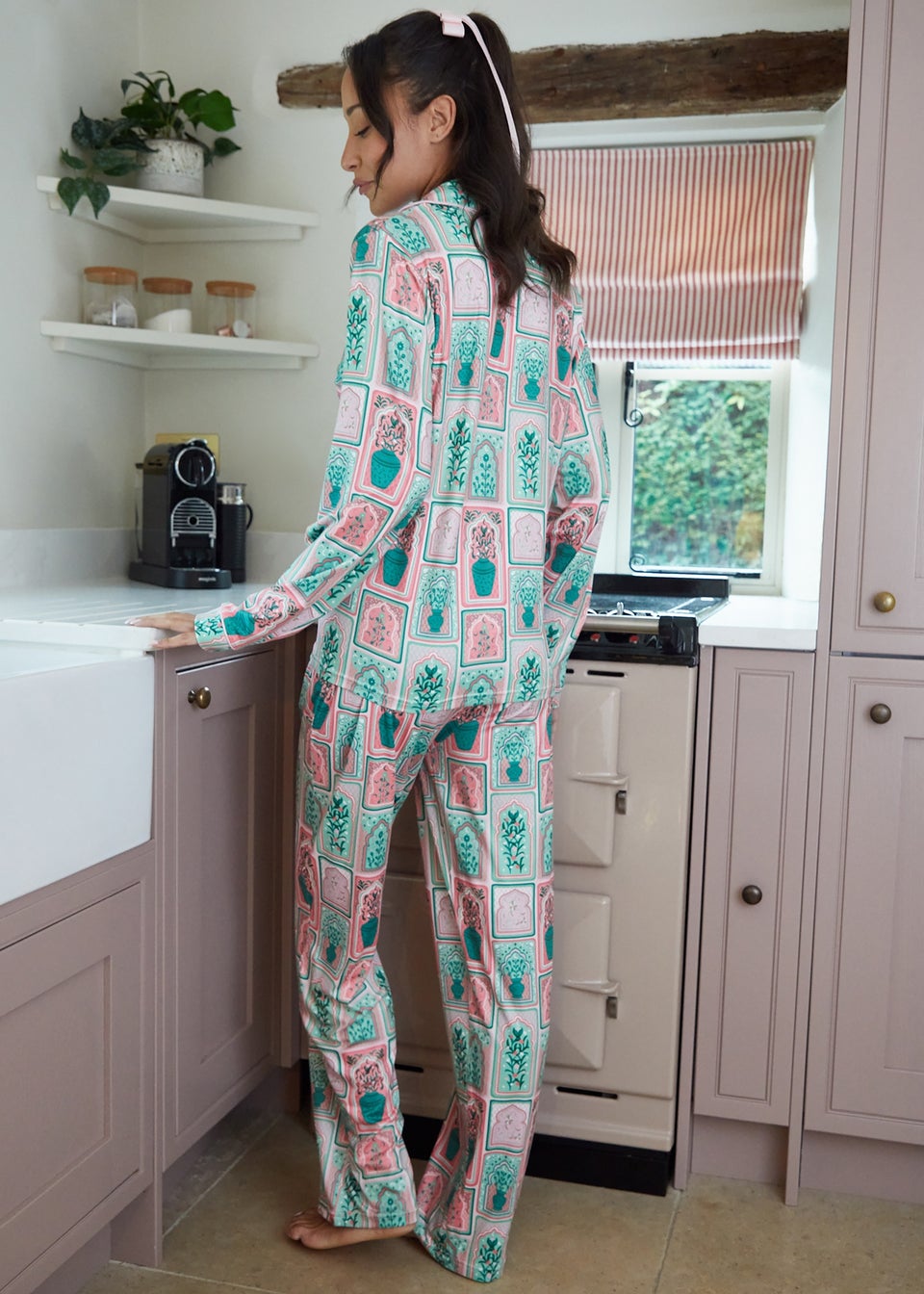 Threadbare Soft Green Printed Long Button Through Pyjama Set