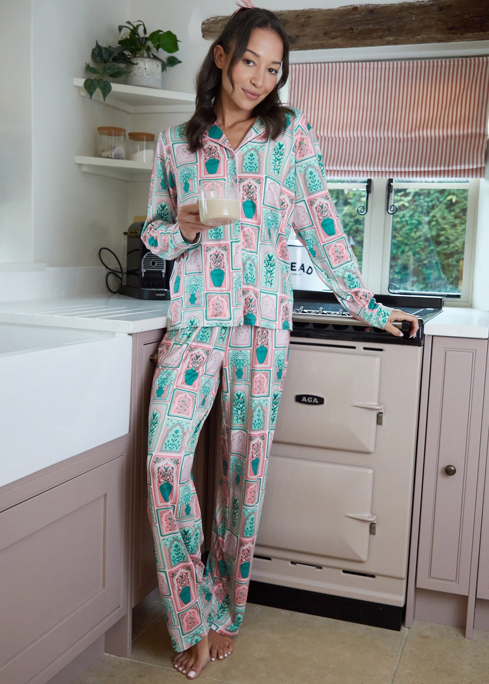 Threadbare Soft Green Printed Long Button Through Pyjama Set