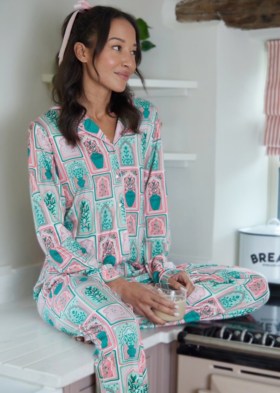 Threadbare Soft Green Printed Long Button Through Pyjama Set